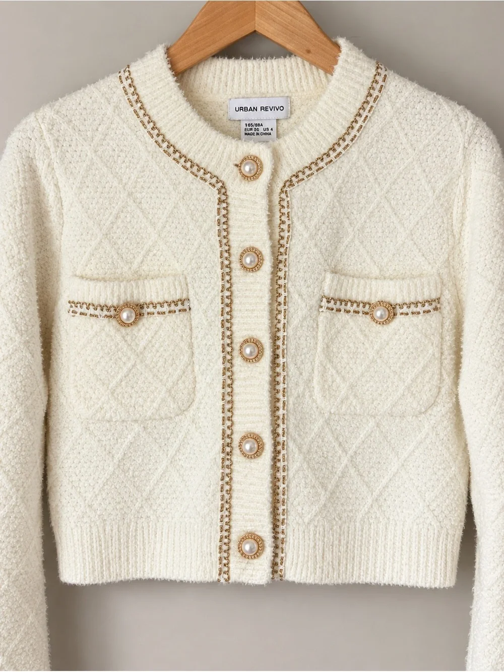 Urban Revivo Ivory Pearl Button Gold Trim Cropped Cardigan NWT S 🟫